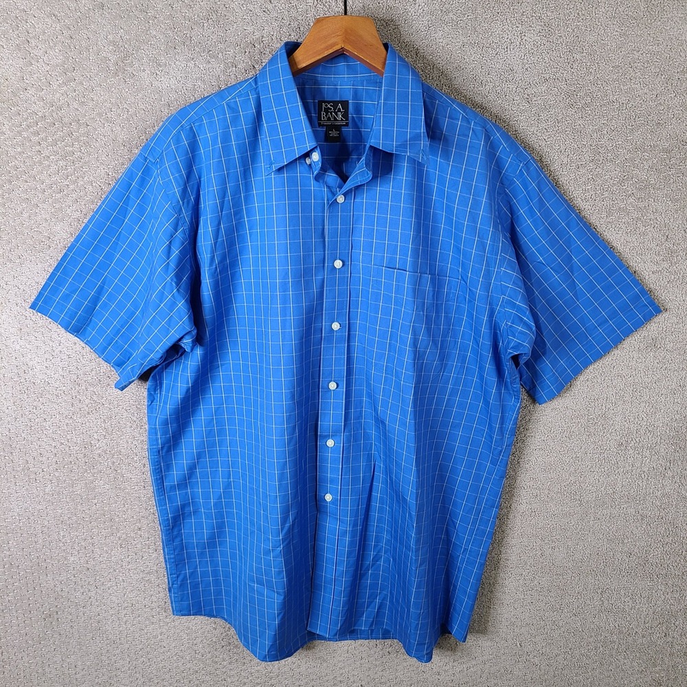 Jos A Bank Traveler Collection Shirt Mens L Blue Check Short Sleeve Button Down